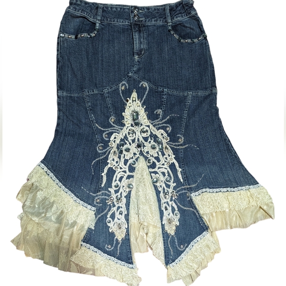 west 36th Dresses & Skirts - Elegant High-Low Denim Skirt with Lace Details